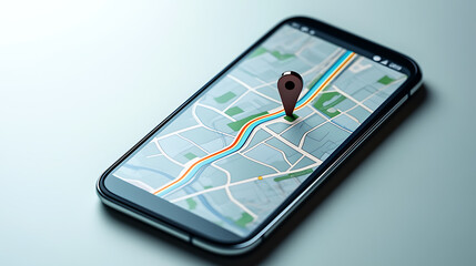 Navigating the city with digital precision: a sleek smartphone displays a vibrant map with a clear route and a prominent location pin, offering seamless guidance on the go.