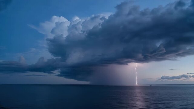 Rolling Thunderclouds Over Calm Sea with Lightning Illuminating the Horizon 4K