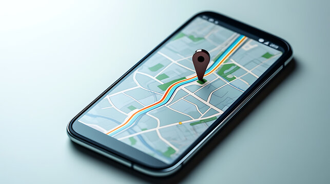 Navigating the city with digital precision: a sleek smartphone displays a vibrant map with a clear route and a prominent location pin, offering seamless guidance on the go.