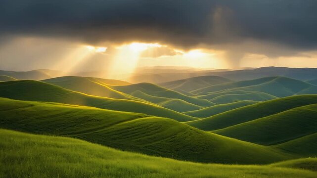 Rolling Green Hills under Dramatic Storm Clouds with Sunlight Contrast 4K