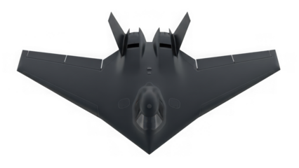 Top view of a black stealth bomber aircraft isolated on transparent background