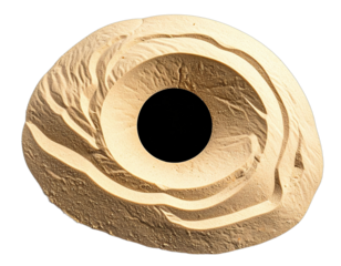 Sandy concentric ring, with a dark circular core, isolated on black background