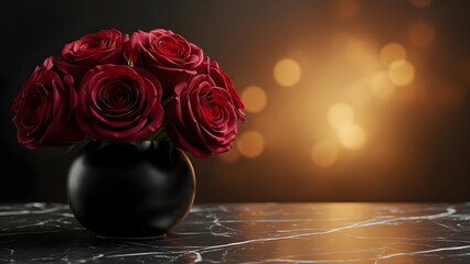 A close-up captures a sophisticated arrangement of exquisite red roses nestled in an elegant black vase, creating a photorealistic moment. valentines day wallpaper background