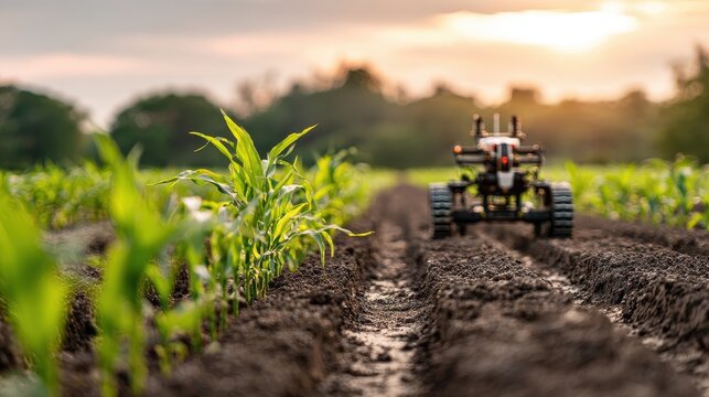 Vibrant photo of Autonomous farm robot monitoring young corn plants in a field during sunset, representing smart agriculture and future farming technology.