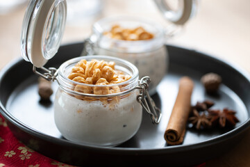 Healthy breakfast yogurt and crispy cereal rings