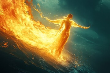 A woman is floating in a body of water with fire flowing from her. The image has a dreamy, ethereal quality to it, with the woman appearing to be a goddess or a spirit. The fire seems to be alive