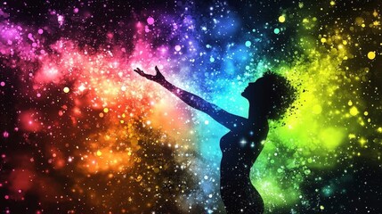 A woman is reaching out to the stars in a colorful galaxy. Concept of wonder and hope, as if the woman is reaching for something beyond her reach. The vibrant colors of the galaxy