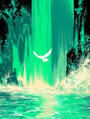 A bird flying over a waterfall in a green and blue background. The bird is white and is flying over the water. The waterfall is large and is surrounded by rocks