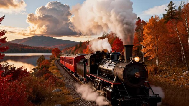 Vintage steam train moves along curved tracks beside a reflective lake surrounded by fiery autumn forests and distant mountains. Thick steam clouds drift above the locomotive as warm afternoon light e