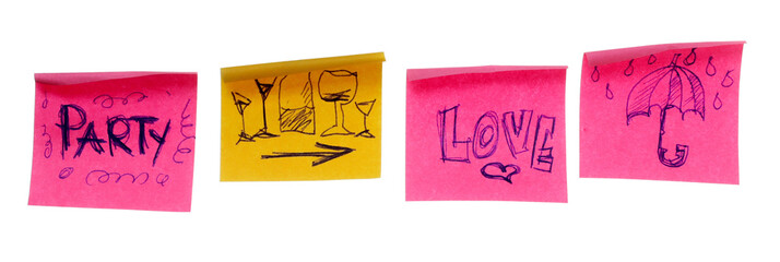 Collection of different colored sheets of note papers, curled corner with drawn symbols and signs, isolated on white background, clipping path