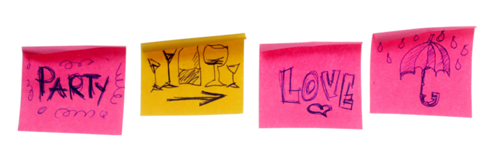 Collection of different colored sheets of note papers, curled corner with drawn symbols and signs, isolated on white background, clipping path