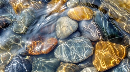 A close-up of a riverbed showing multicolored polished stones submerged partially in water