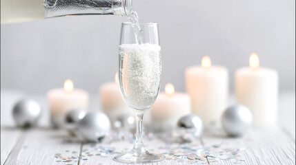Champagne being poured into a glass with candles, silver decorations and confetti on white wooden table in cloud dancer color theme, close-up