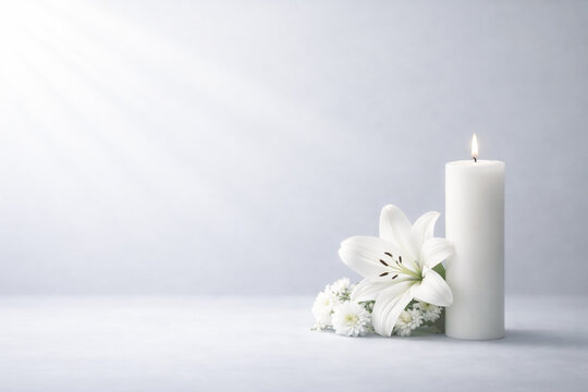 Vertical memorial background with white lily and candle