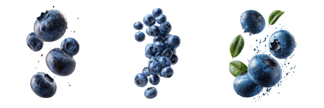 Blueberries with water droplets and leaves isolated on a transparent background