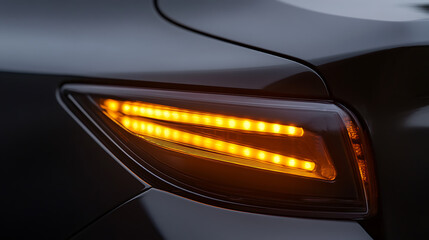 Close-up of a car's rear light, illuminating in bright amber. The sleek design emphasizes automotive engineering and design. The focused shot highlights the glowing texture and detail.