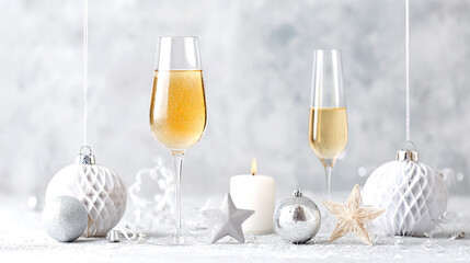 Two glasses of champagne with white and silver Christmas decorations and candle on festive background in cloud dancer color theme