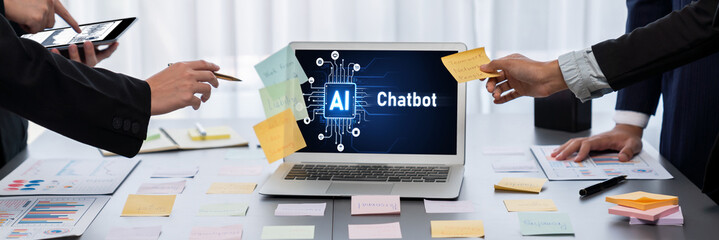 Analyst team use sticky note for creative and analytic brainstorm for business idea with BI data dashboard on laptop screen. Analysis financial data visualization tech for marketing strategy. Prodigy