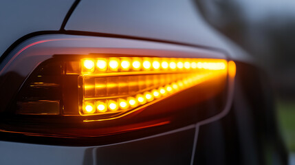 A macro shot showcases a car's rear tail light, glowing with a warm amber hue. The modern design and bright LEDs create a stylish, safe presence on the road at night.
