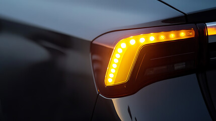 Illuminated tail lights of a modern automobile, reflecting safety & style. The amber lights, encased in sleek design, stand out against the dark body, ensuring visibility.