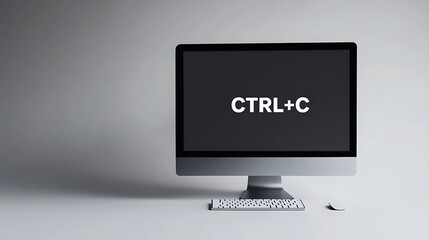 A sleek desktop computer displays 'CTRL+C' on its screen, symbolizing copy functionality. Accompanied by a minimalist keyboard and mouse, it is set against a light gray backdrop.