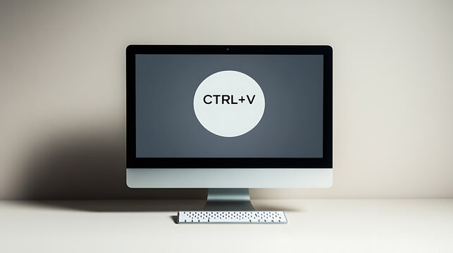 Silver desktop computer on a desk with keyboard against a neutral wall. The screen displays "CTRL+V" inside a white circle. Simple, minimal workspace setup.
