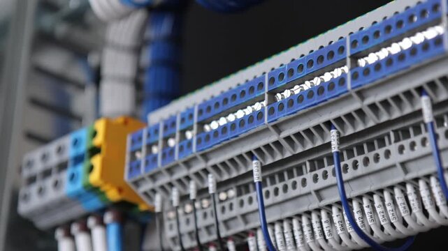 Electrical screw terminals for connecting wires in an electrical switchboard. Soft focus. Close-up.