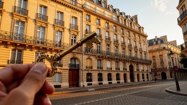 Hand holds an ornate vintage key toward a historic Parisian building in warm golden light. Shallow depth of field emphasizes the key while blurred Haussmann architecture suggests travel, heritage and 