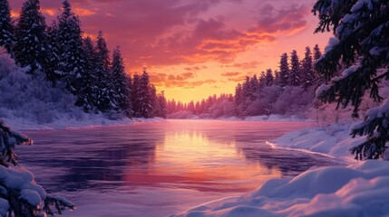 A frozen lake surrounded by dense evergreen trees covered in heavy snow