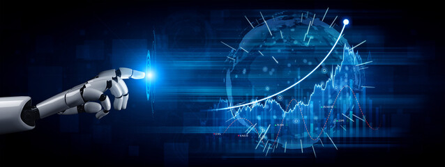This image showcases a robotic hand pointing at a digital globe, symbolizing technology and innovation. Data visualization elements illustrate growth and analytics. Scalp