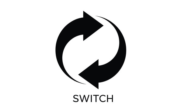 A black circular graphic with two opposing arrows and the word switch below