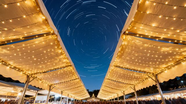 Outdoor market canopies glow with warm string lights forming illuminated walkways beneath a swirling star trail sky. Nighttime festival atmosphere and long exposure capture movement in the sky and liv