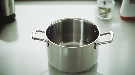 Stainless steel stockpot on a kitchen counter, ready for cooking. Clean, minimalist design highlights its versatility for various recipes and culinary uses in any modern kitchen.