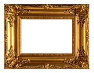 Ornate gold picture frame with empty black center against a black background.