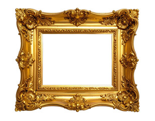 Ornate baroque style gold picture frame empty with black background.