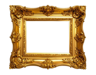 Ornate baroque style gold picture frame empty with black background.