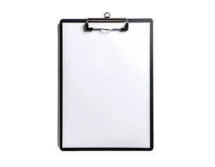 Overhead shot of a blank clipboard with a metal clip, set against a solid black background