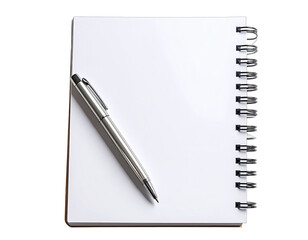 Top-down view of a blank spiral notebook with a silver pen resting on the open pages