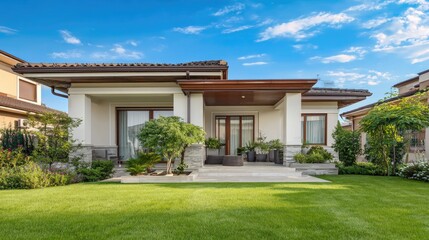 Fototapeta premium Modern upscale residence showcases expansive manicured lawn and covered patio area under blue sky