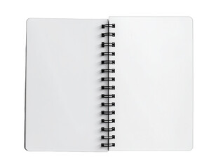 Open blank notebook with spiral binding on a solid black background, top view