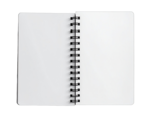 Open blank notebook with spiral binding on a solid black background, top view