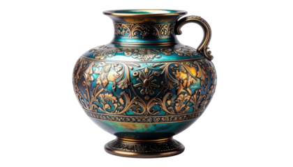 Ornate antique jug with teal and gold relief against a black background.
