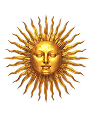 An ornate, detailed depiction of a golden radiant sun face against a black background.