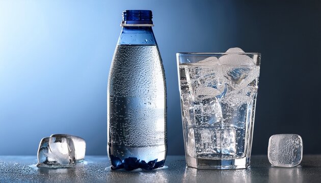 Sparkling Water Bottle And Glass With Ice