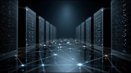 Futuristic server data center with glowing network connections, digital abstract technology landscape, modern information storage, secure infrastructure, and efficient digital connection storage - Powered by Adobe
