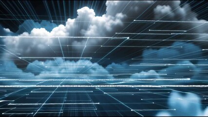 Cloud Computing Digital Network Futuristic Technology Blue Sky Abstract Data Innovation and Connectivity in Virtual Space with Dynamic Data Flow, Glowing Lines, and Modern Design Concepts - Powered by Adobe