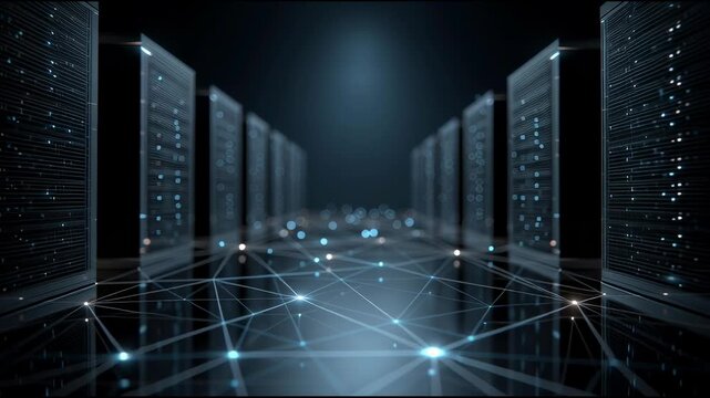 Futuristic server data center with glowing network connections, digital abstract technology landscape, modern information storage, secure infrastructure, and efficient digital connection storage