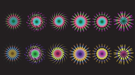 Multi color beautiful fireworks icon celebration background bright festive night sky.