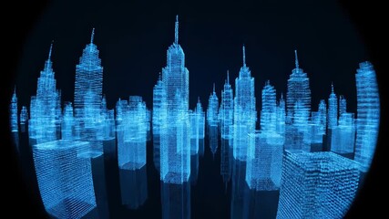 Futuristic digital cityscape featuring abstract buildings and skyscrapers. Wireframe depiction of a metropolitan area geared towards technology and commerce themes