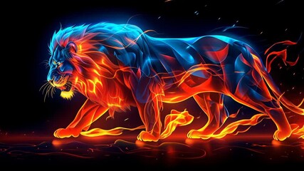 Flaming lion strides across a dark background with blue highlights and a flowing fire-like mane. Glowing embers and trailing streaks convey forward motion and intense energy. Works well for fantasy an